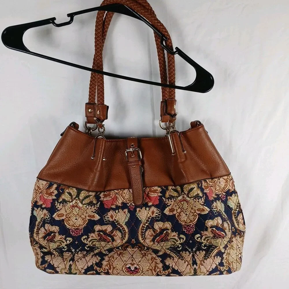 Black Rivet Floral Tapestry Shoulder Bag with Brown Leather Trim